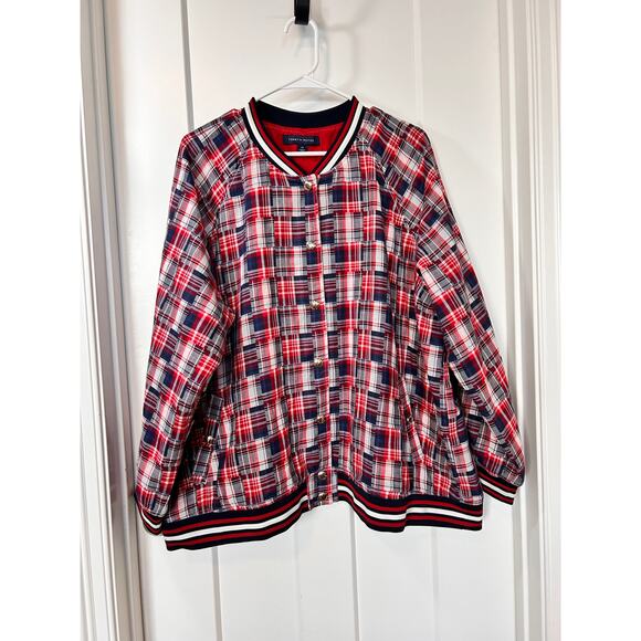 Tommy Hilfiger Womens Plaid Patchwork Varsity Jacket Colorful Multicolor Size 2X - Picture 2 of 12